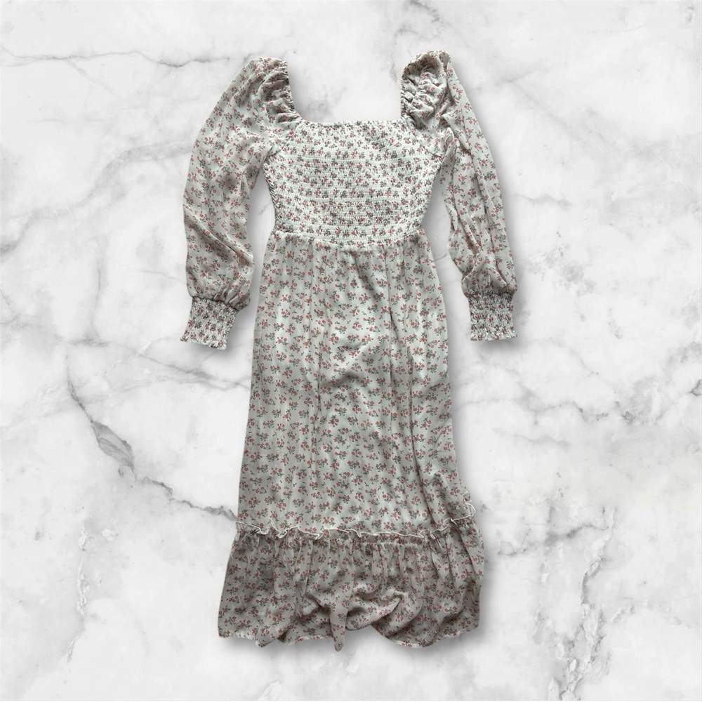 Floral Cottage Core Midi Dress - Smocked Puff Sleeve Prairie Dress